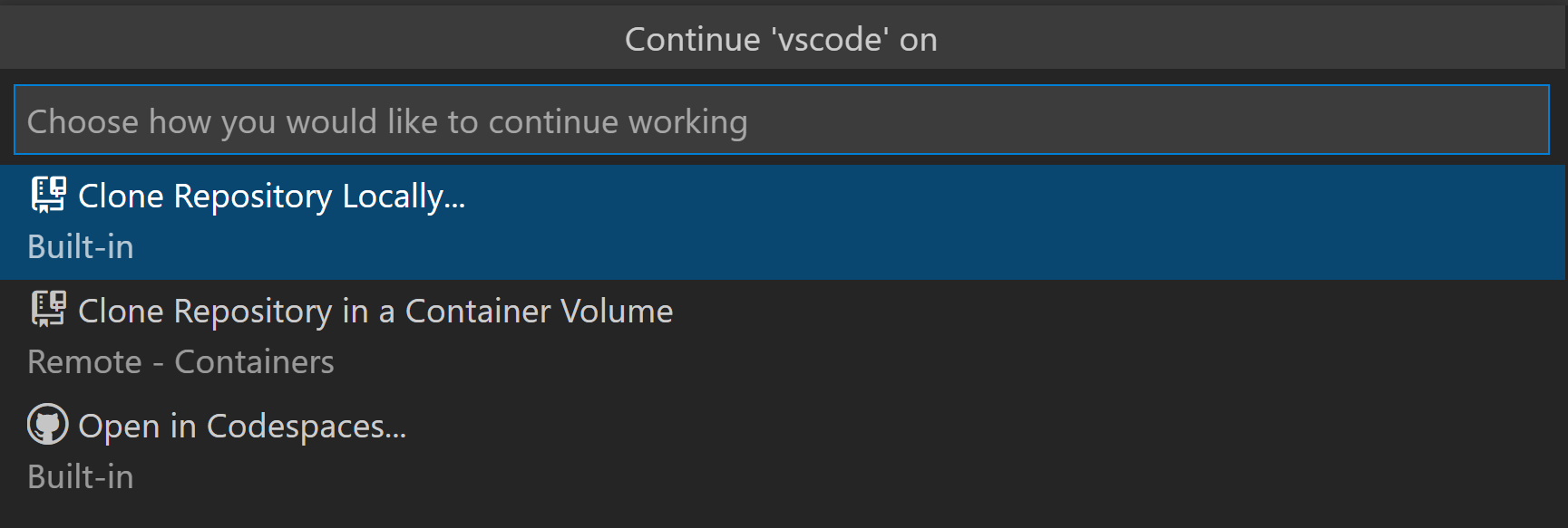 VS Code 命令面板，提供在本地、卷中或 Codespaces 中继续的选项