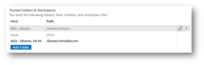信任文件夹与工作区列表，包含WSL信任文件夹