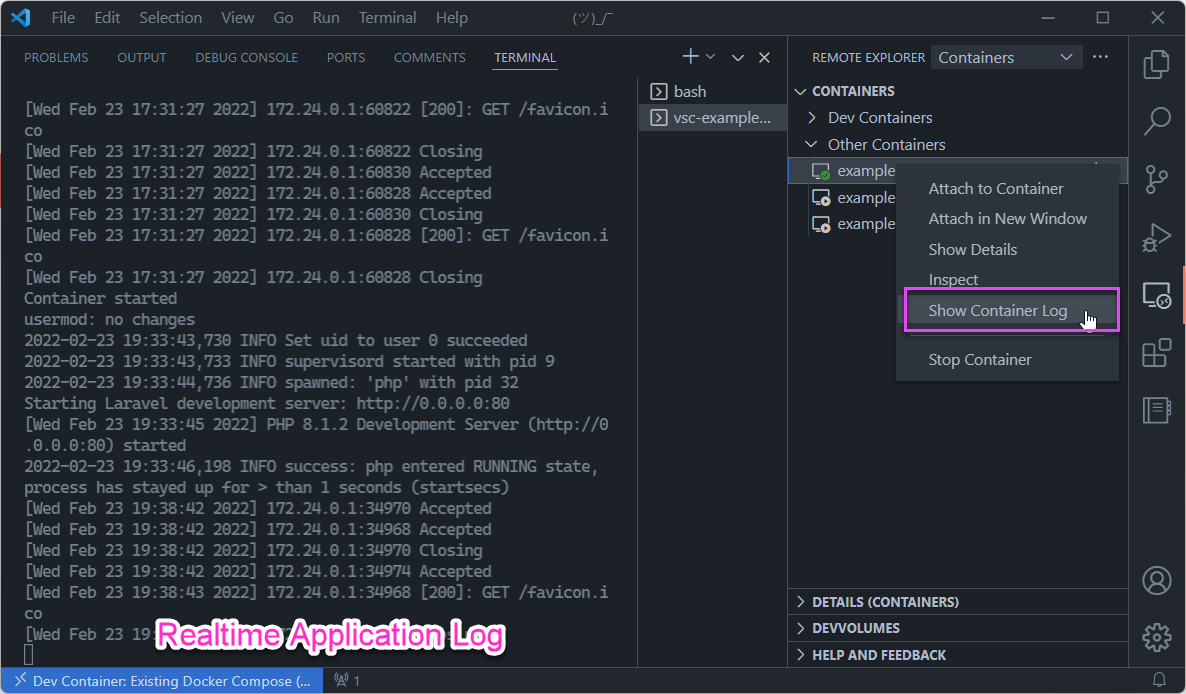 Laravel应用程序容器在VS Code中的登录