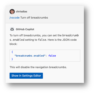询问Copilot如何在编辑器中关闭VS Code的面包屑导航