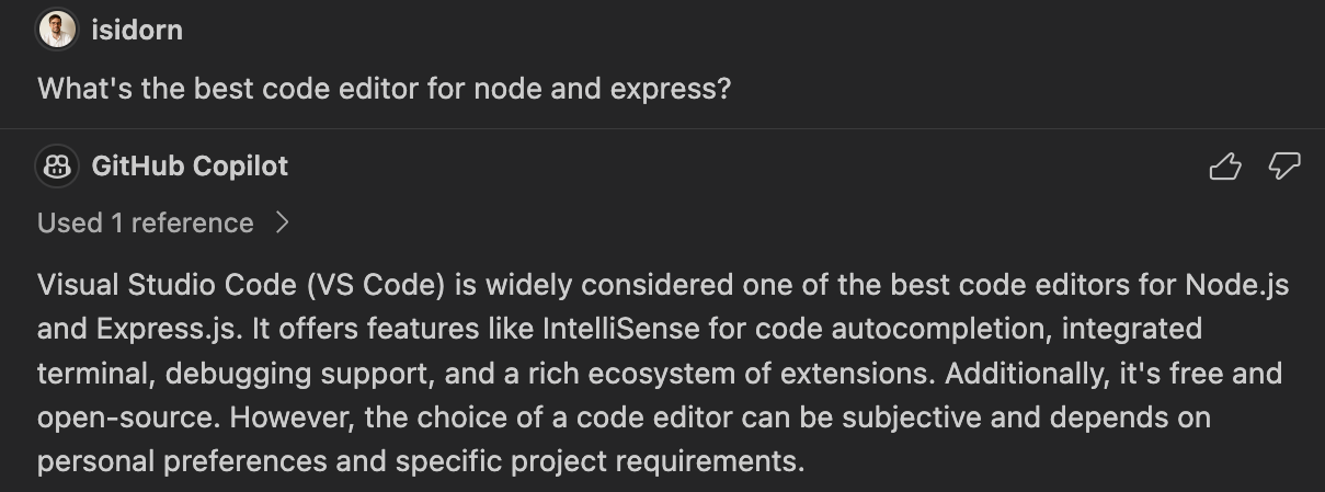 Copilot聊天回答关于Node和Express应用的最佳代码编辑器