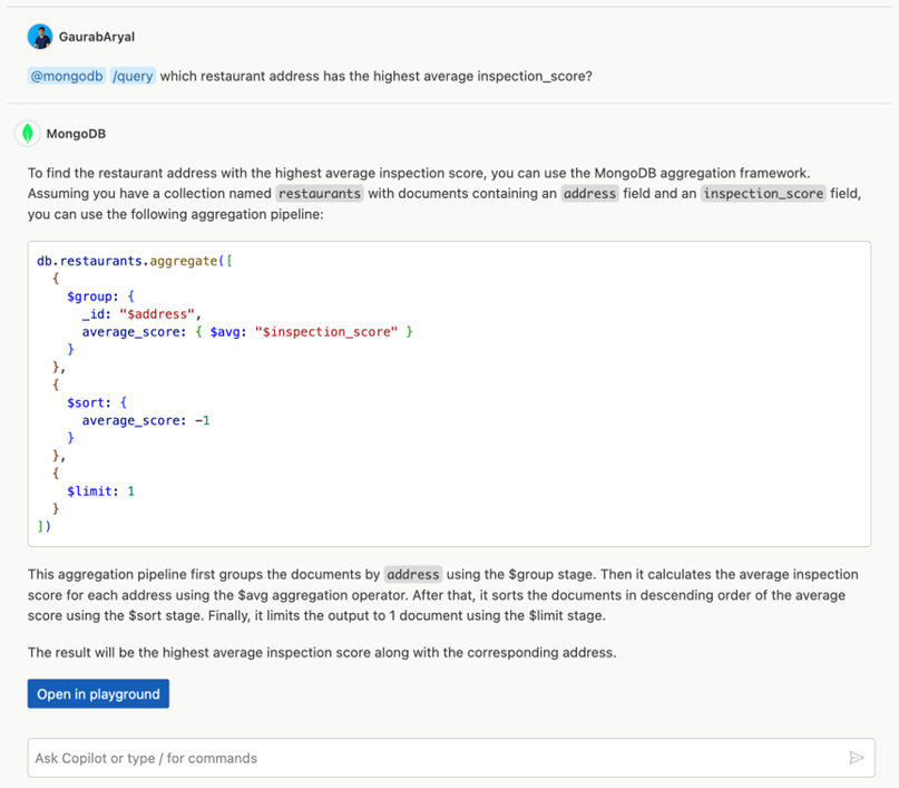 VS Code 中聊天视图中的 MongoDB 聊天参与者的截图。