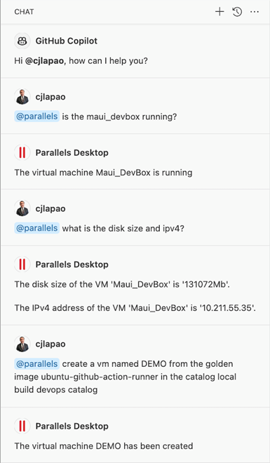 VS Code 聊天视图中 Parallels 聊天参与者的截图。