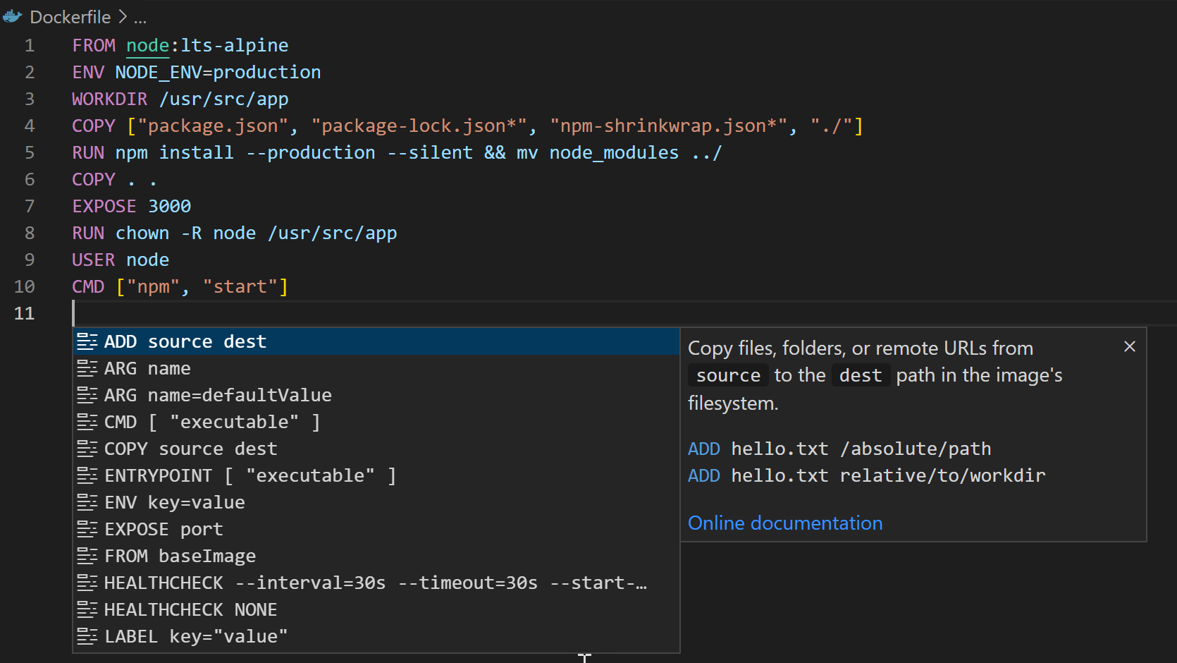 Dockerfiles 的 IntelliSense