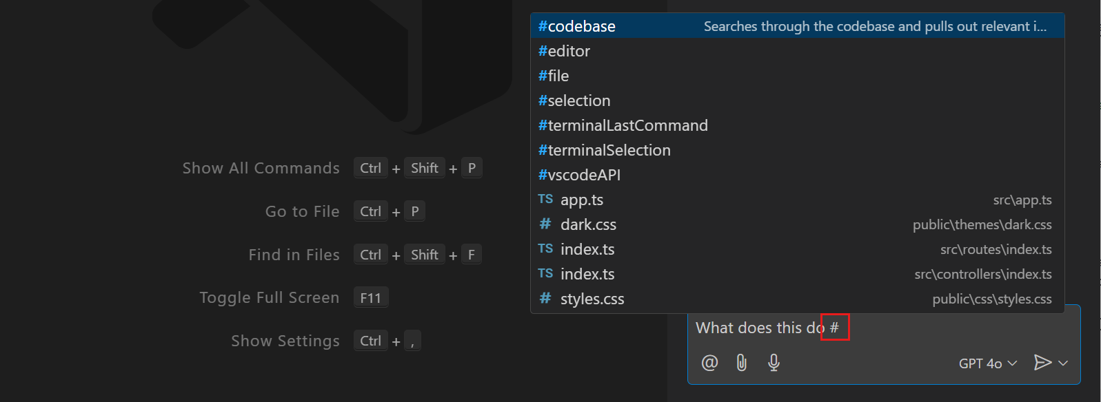 VS Code Copilot 聊天视图的截图，显示聊天变量选择器。