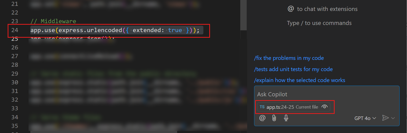 VS Code Copilot 聊天视图的截图，显示当前编辑器选择作为上下文。