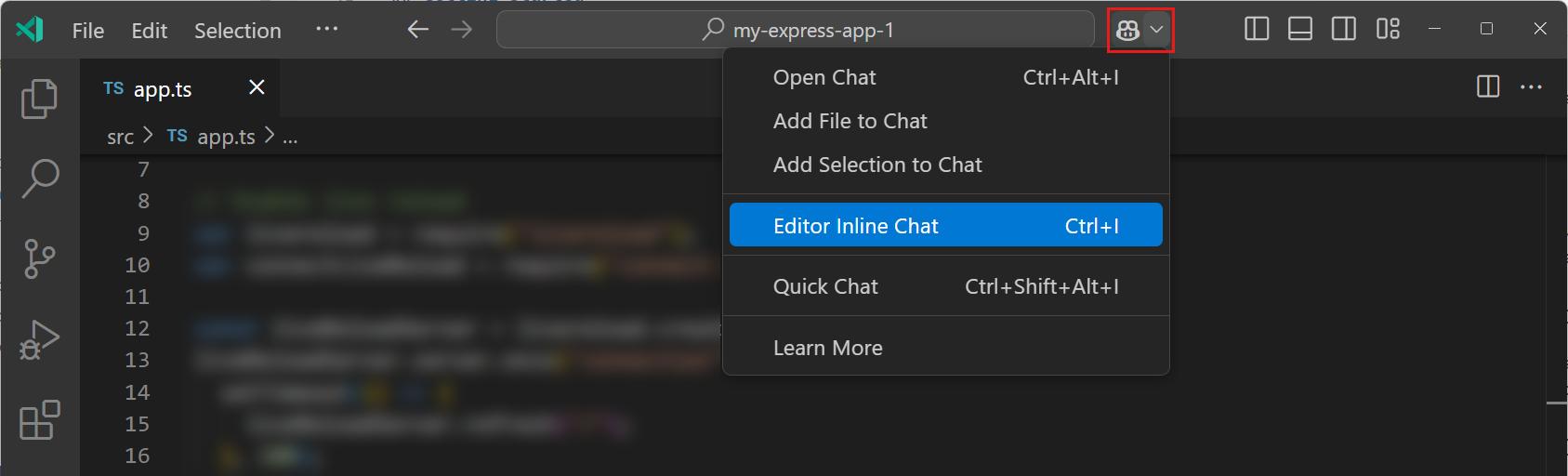 VS Code 命令中心中的 Copilot Chat 菜单截图