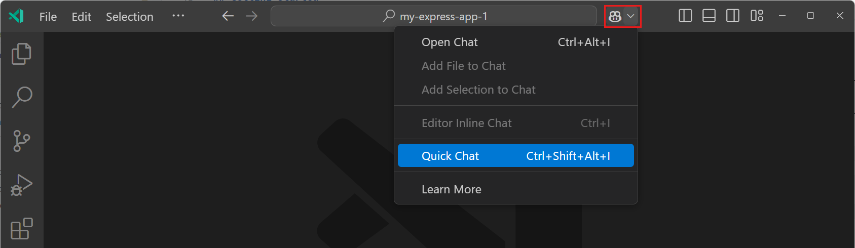 VS Code 命令中心中的 Copilot Chat 菜单截图