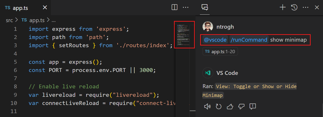 使用Copilot Chat中的/runCommand斜杠命令在编辑器中切换小地图。