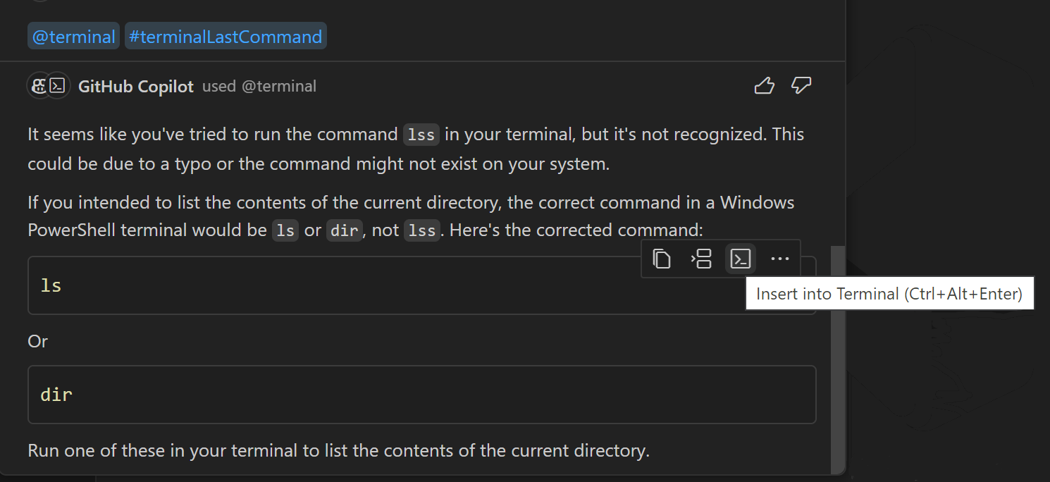 与@terminal #terminalLastCommand和Copilot的答案快速聊天