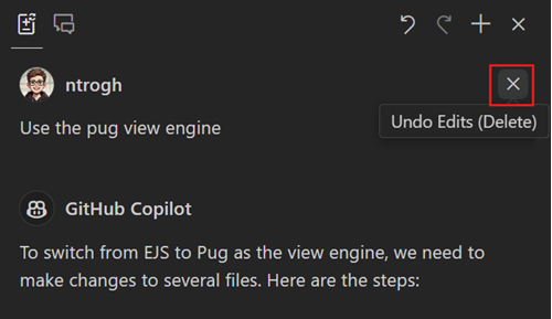 截图显示Copilot编辑视图，突出显示特定请求的撤销编辑控制。