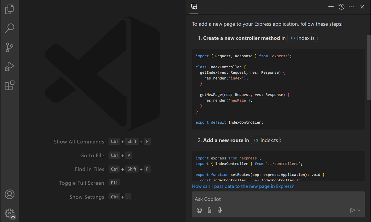 VS Code Copilot 聊天视图的截图，显示了添加页面的结果。