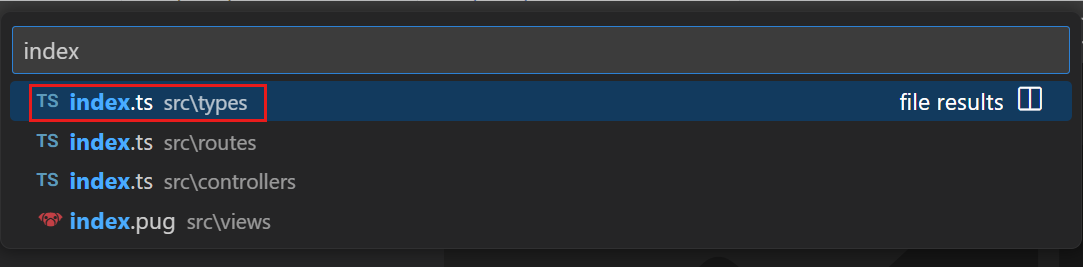 VS Code 上下文快速选择截图，突出显示选中的 'index.ts' 文件。