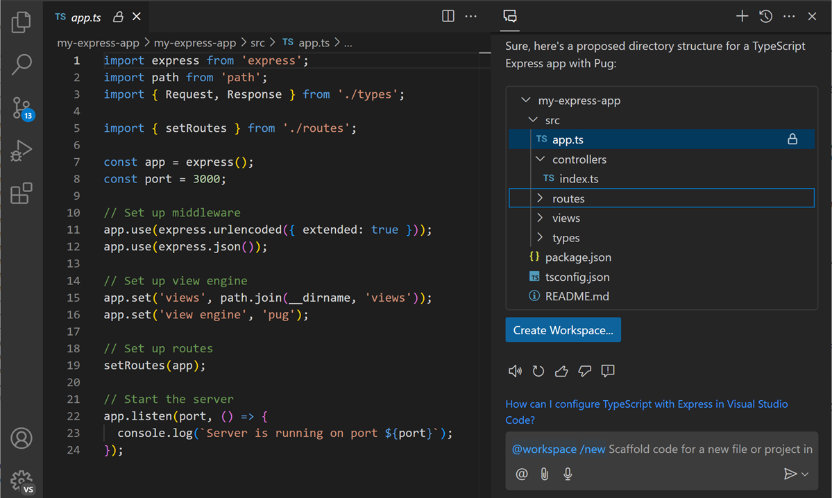 VS Code Copilot 聊天视图的截图，显示了一个新工作区的文件树和一个'创建工作区'按钮。