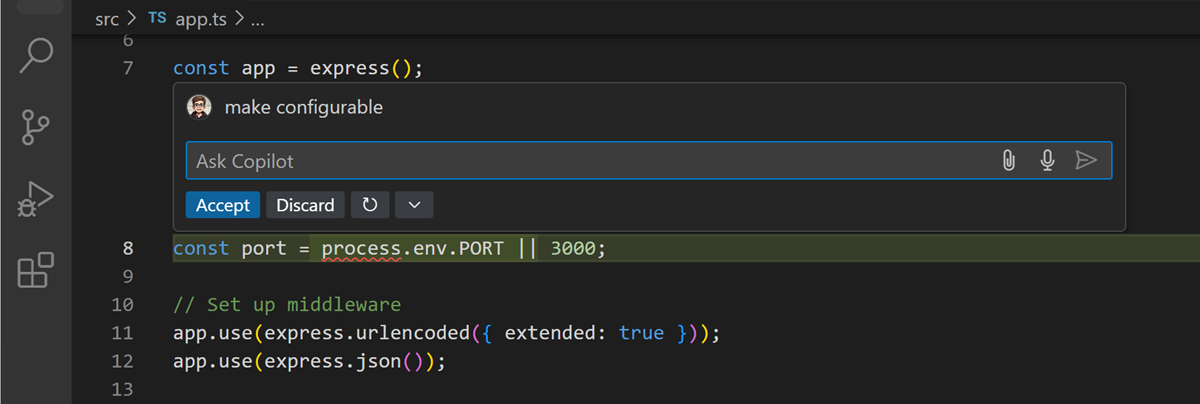 VS Code 编辑器中显示建议代码更改的截图。