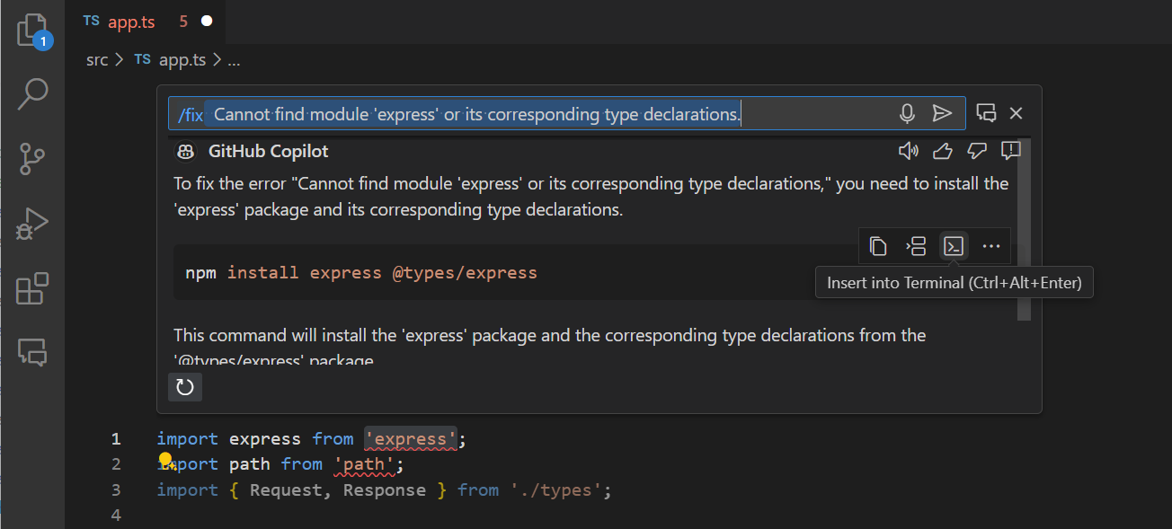 VS Code 内联聊天截图，显示修复智能操作的结果。