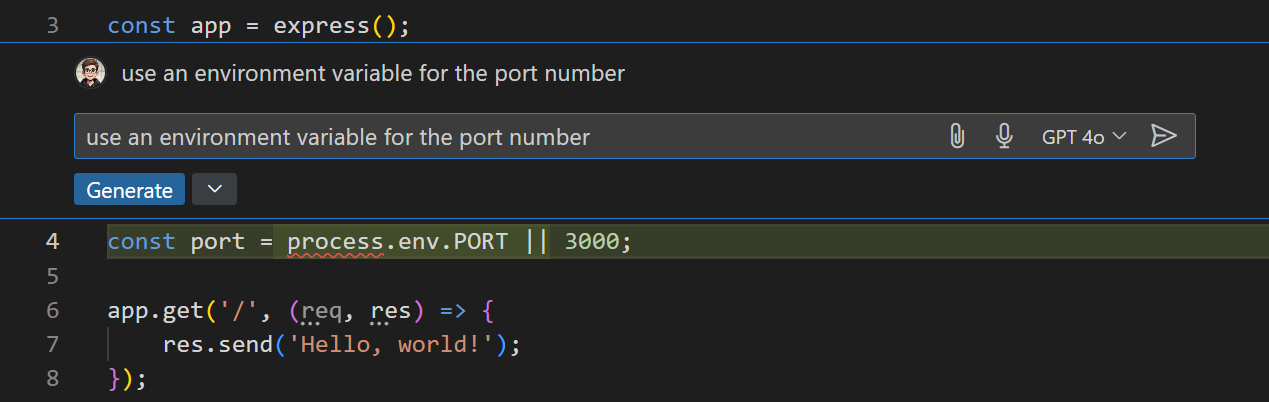 VS Code 编辑器截图，显示使用内联聊天为端口号使用环境变量。