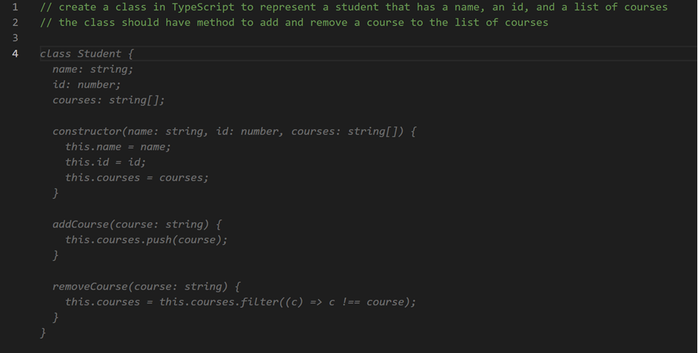 使用代码注释让Copilot生成一个带有属性和方法的TypeScript中的Student类。