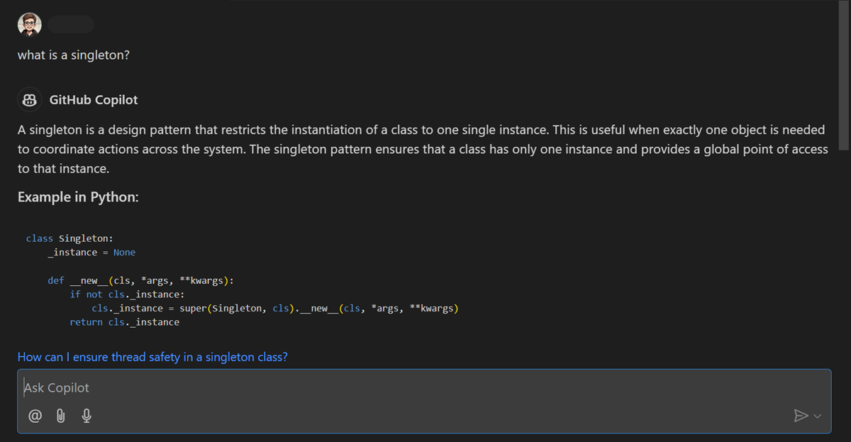 Copilot Chat 回答什么是单例模式