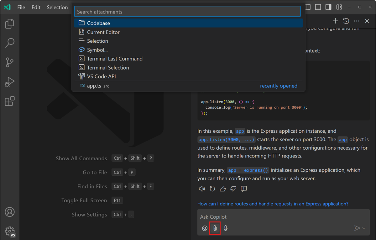 VS Code Copilot 聊天视图的截图，显示附加上下文按钮和上下文快速选择。