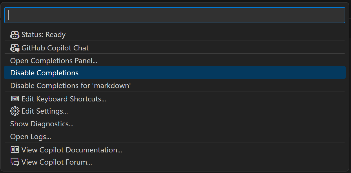 Copilot 状态菜单下拉选项，选择了禁用自动完成