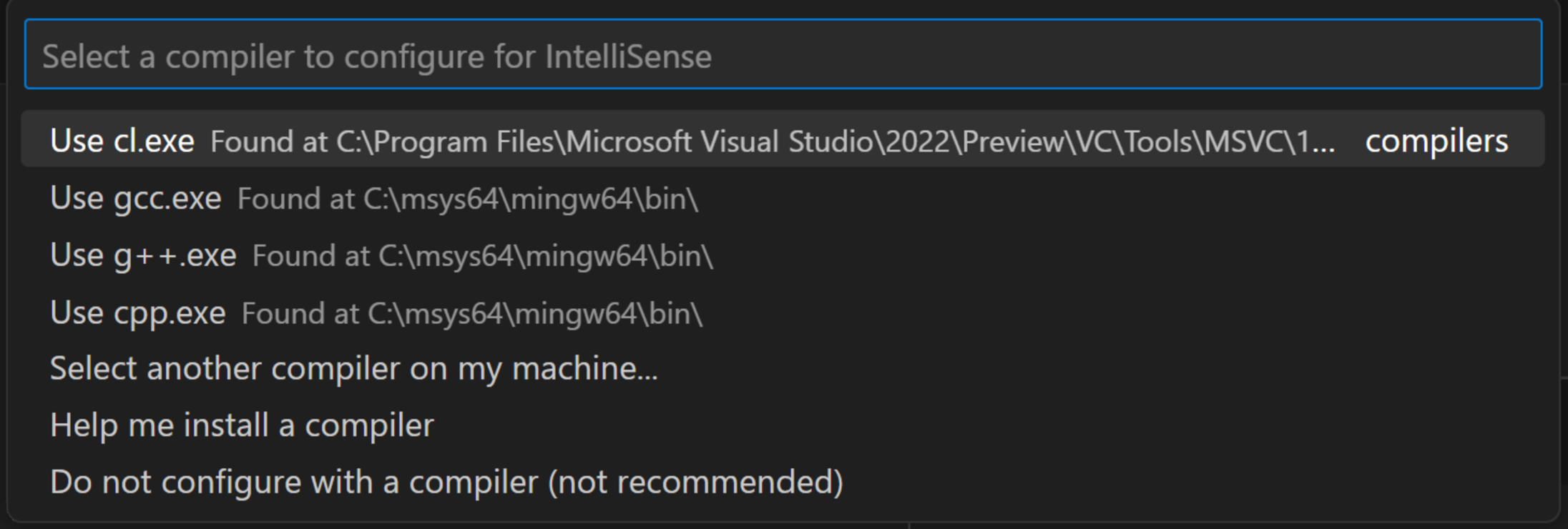 选择一个编译器来配置IntelliSense快速选择