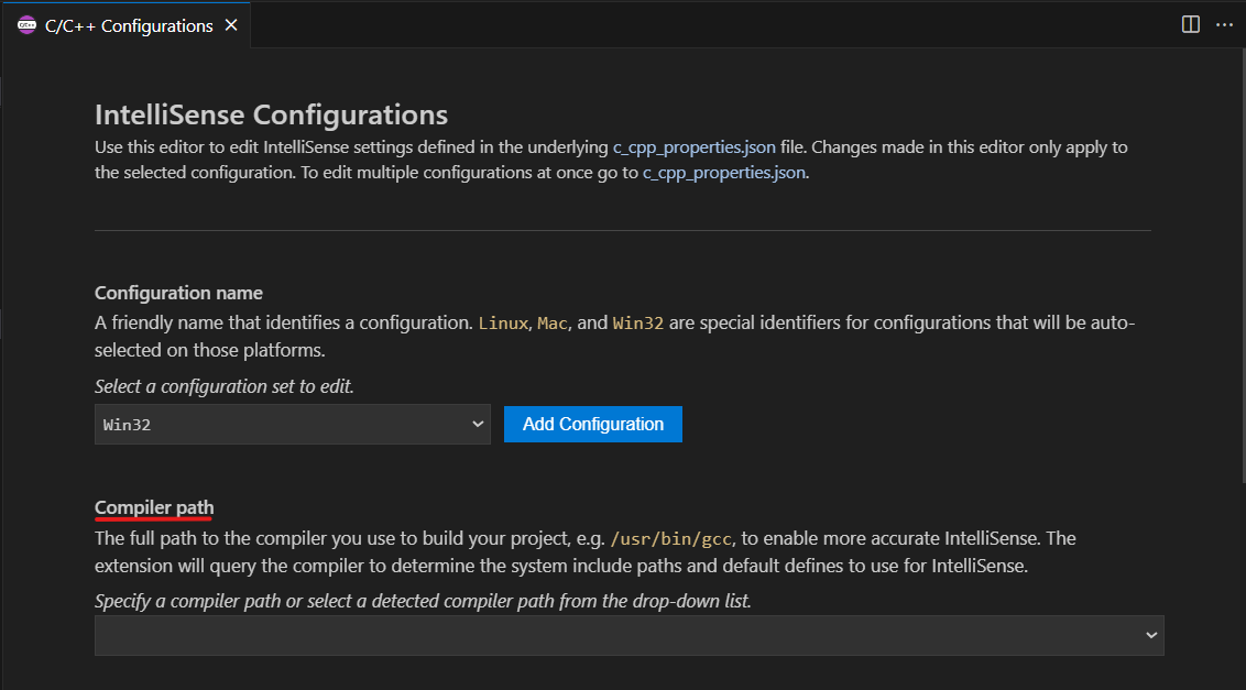 C/C++ IntelliSense 配置用户界面