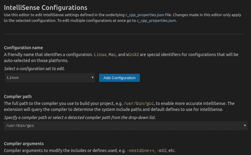 IntelliSense 配置窗口