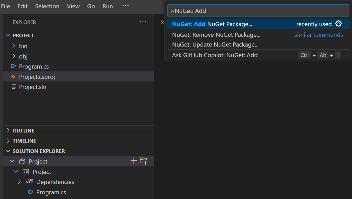 截图显示命令面板中的命令 'NuGet: 添加 NuGet 包'