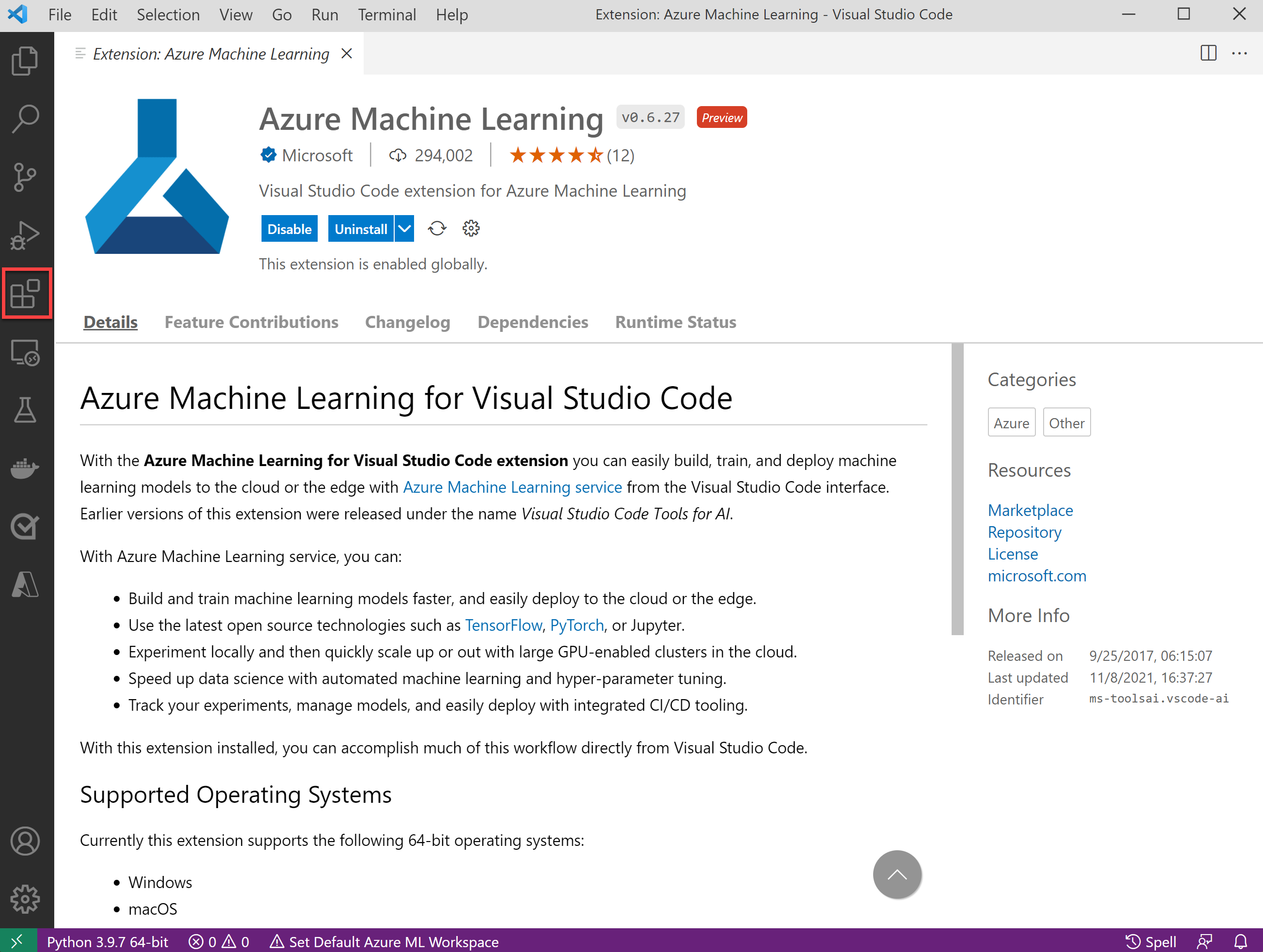 Azure Machine Learning Visual Studio Code 扩展视图