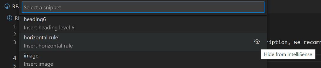 在插入代码片段下拉菜单中的隐藏IntelliSense按钮