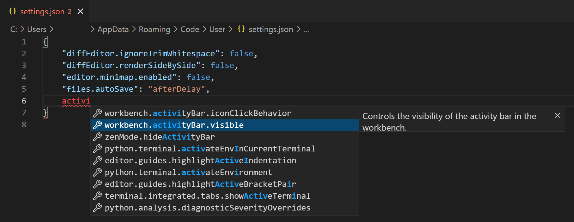 编辑器中的settings.json的IntelliSense