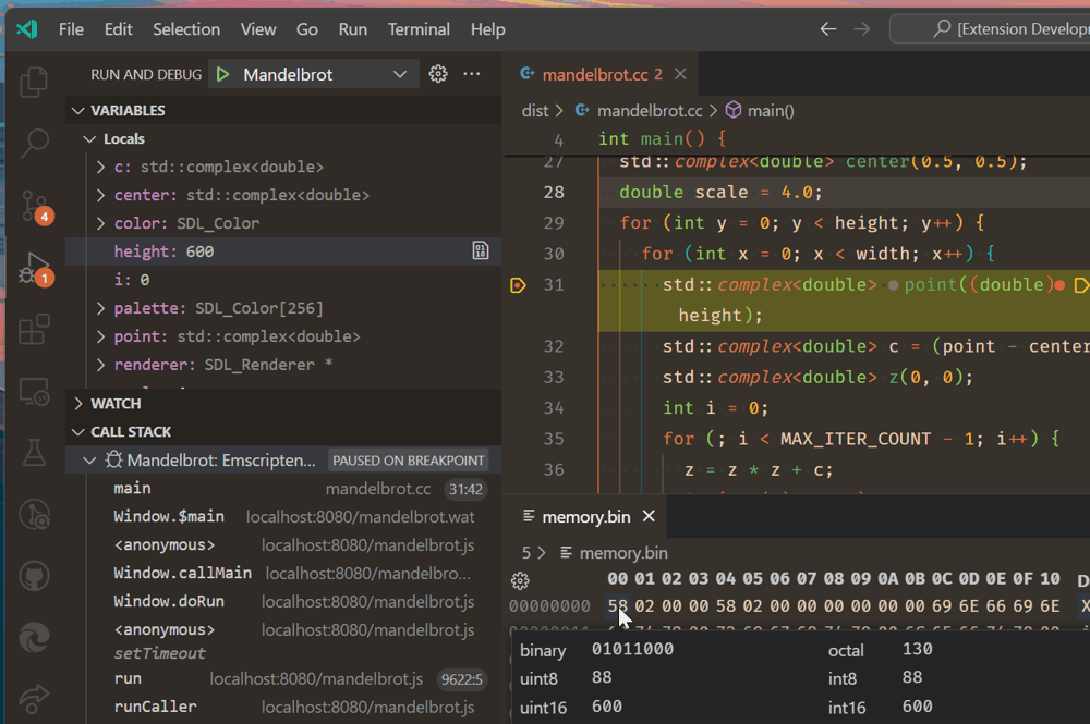 调试器在C++源代码的断点处停止