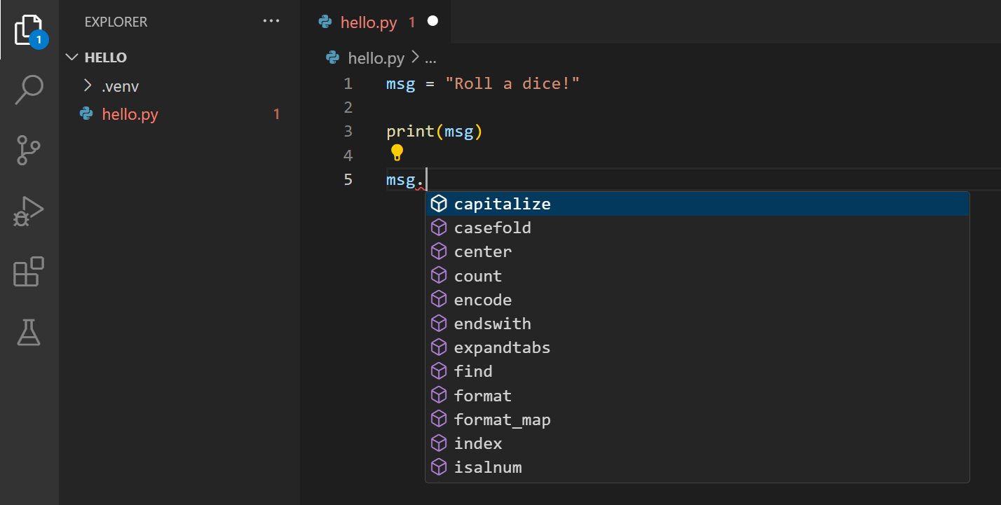 IntelliSense 出现在一个类型提供方法的变量上