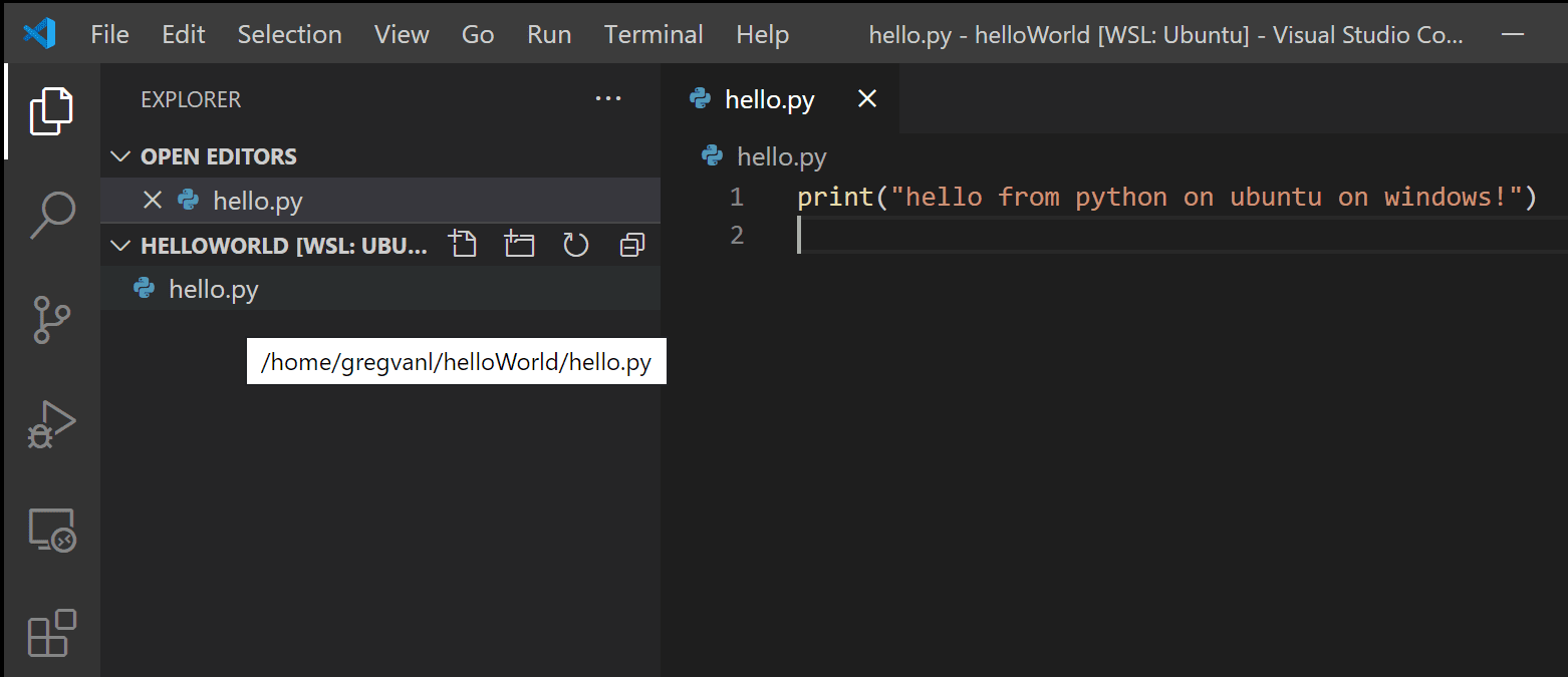 显示hello.py的Linux路径