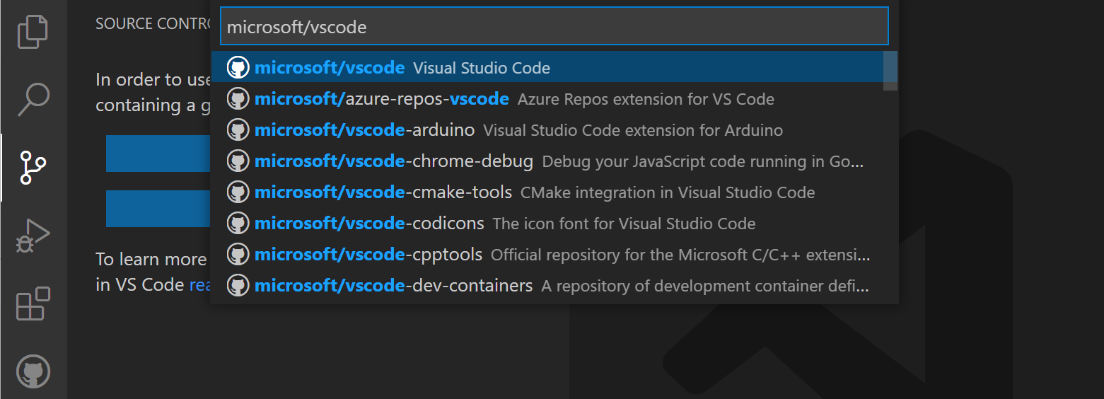 GitHub 仓库下拉菜单筛选为 microsoft/vscode