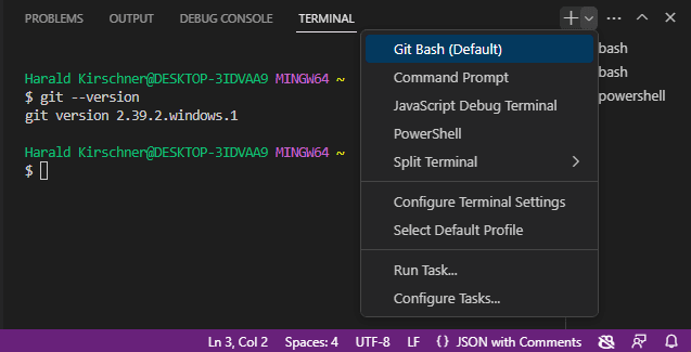 在Visual Studio Code的内置终端中选择Git Bash作为shell