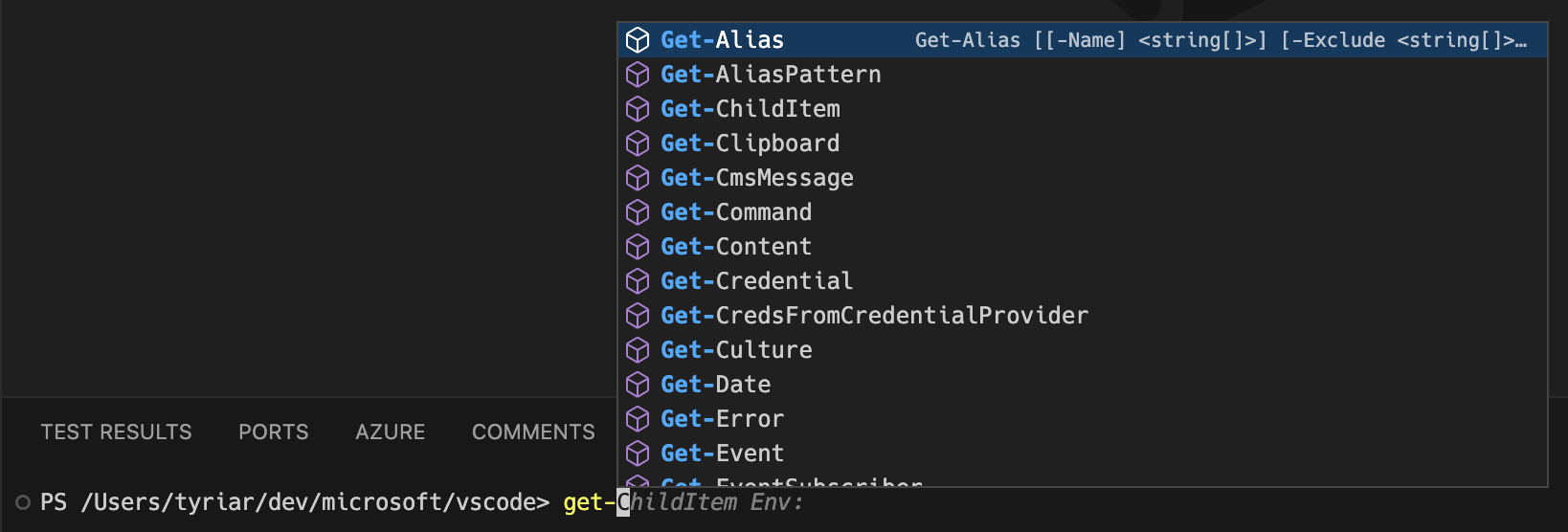 PowerShell IntelliSense 显示补全选项，例如 Get-Alias、Get-ChildItem，例如在输入 Get- 时