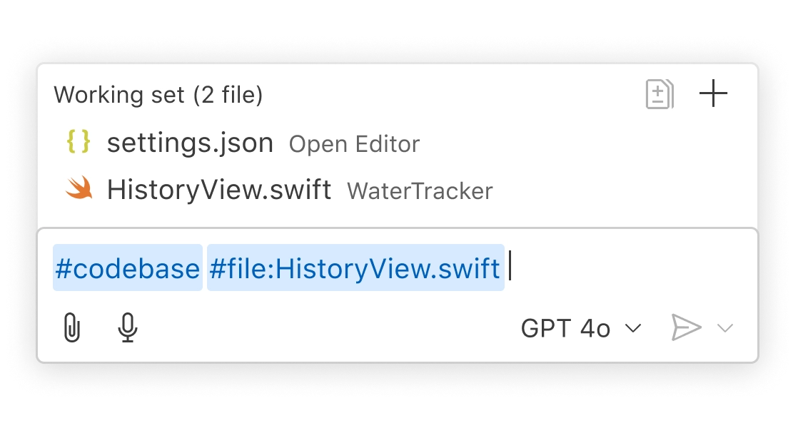 VS Code Copilot Edits prompt input with a working set of two files. The prompt message mentions #codebase and #file:HistoryView.swift for context.