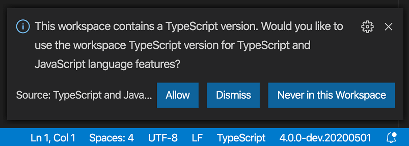 打开带有本地TypeScript版本的工作空间时显示的提示