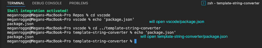 在cwd为vscode的终端中，package.json被回显。点击文件名将打开vscode/package.json。目录更改为template-string-converter，然后package.json被回显。点击文件名将打开template-string-converter/package.json。