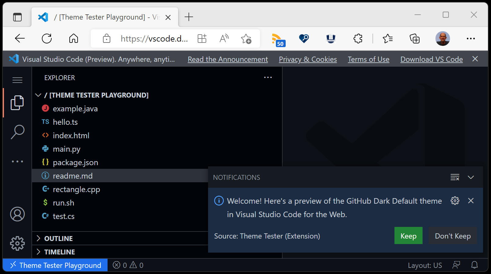 使用vscode.dev显示GitHub主题扩展GitHub Dark Default的颜色主题测试器