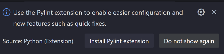 推荐安装Pylint扩展的通知，带有安装按钮