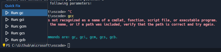 在pwsh预览中运行'gcc'将显示3个建议，VS Code将作为快速修复显示