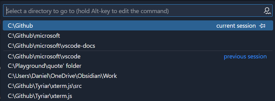 目录以快速选择的形式呈现，按当前和之前的会话分开。
