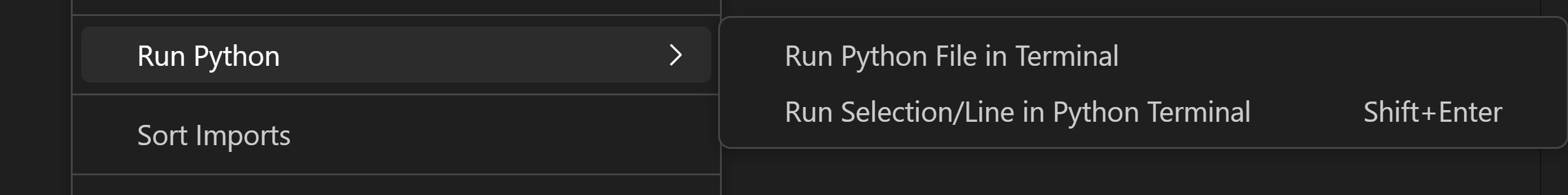 上下文菜单中的运行Python选项，包含子菜单中的"在终端中运行文件"和"运行选择/行"选项