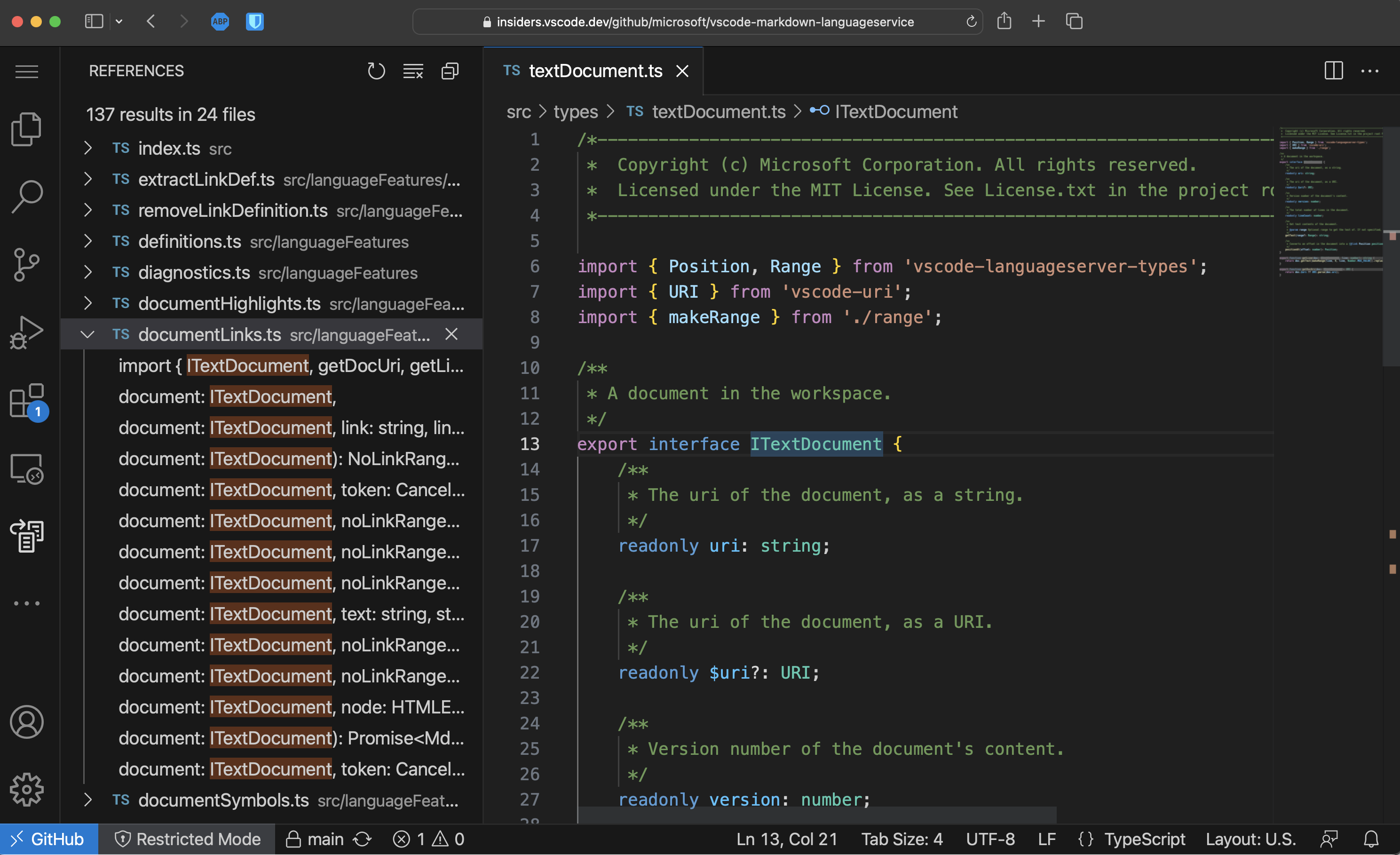 在vscode.dev上的TypeScript项目中查找所有引用