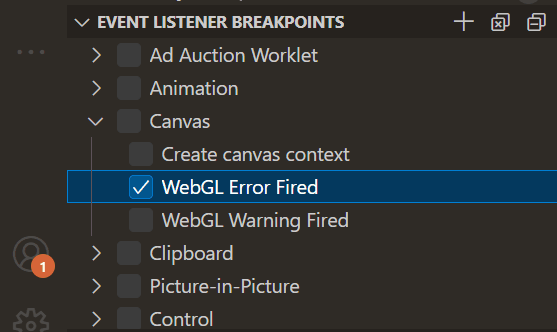事件监听器断点视图显示为一个树状结构，其中Canvas WebGL错误触发事件被选中