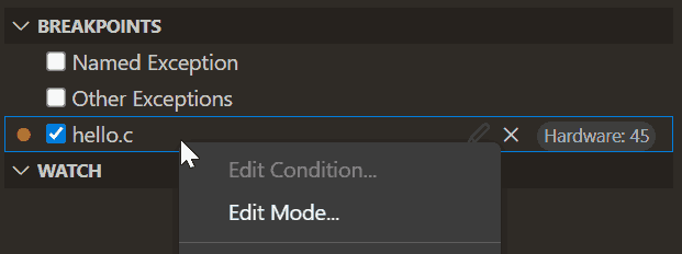 断点上下文菜单现在有一个'编辑模式...'选项来更改断点模式