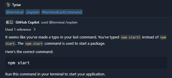 使用解释功能通过copilot快速修复将询问copilot "@terminal /explain #terminalLastCommand"